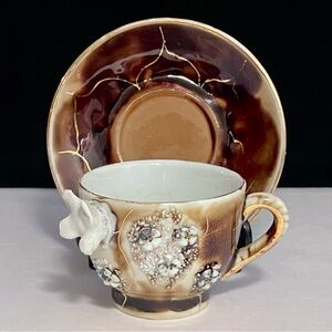 Vintage SAINT AUGUSTINE Tea Cup & Saucer / RARE German BROWNWARE / Broken Wing